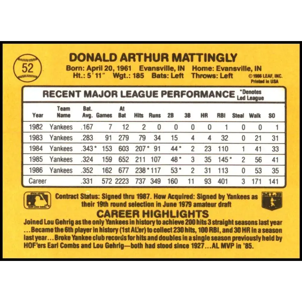 1987 Donruss #52 Don Mattingly EX Excellent New York Yankees Baseball Card - Baseball Card Single