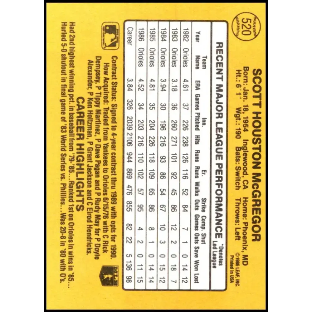 1987 Donruss #520 Scott McGregor EX Excellent Baltimore Orioles Baseball Card - Baseball Card Single