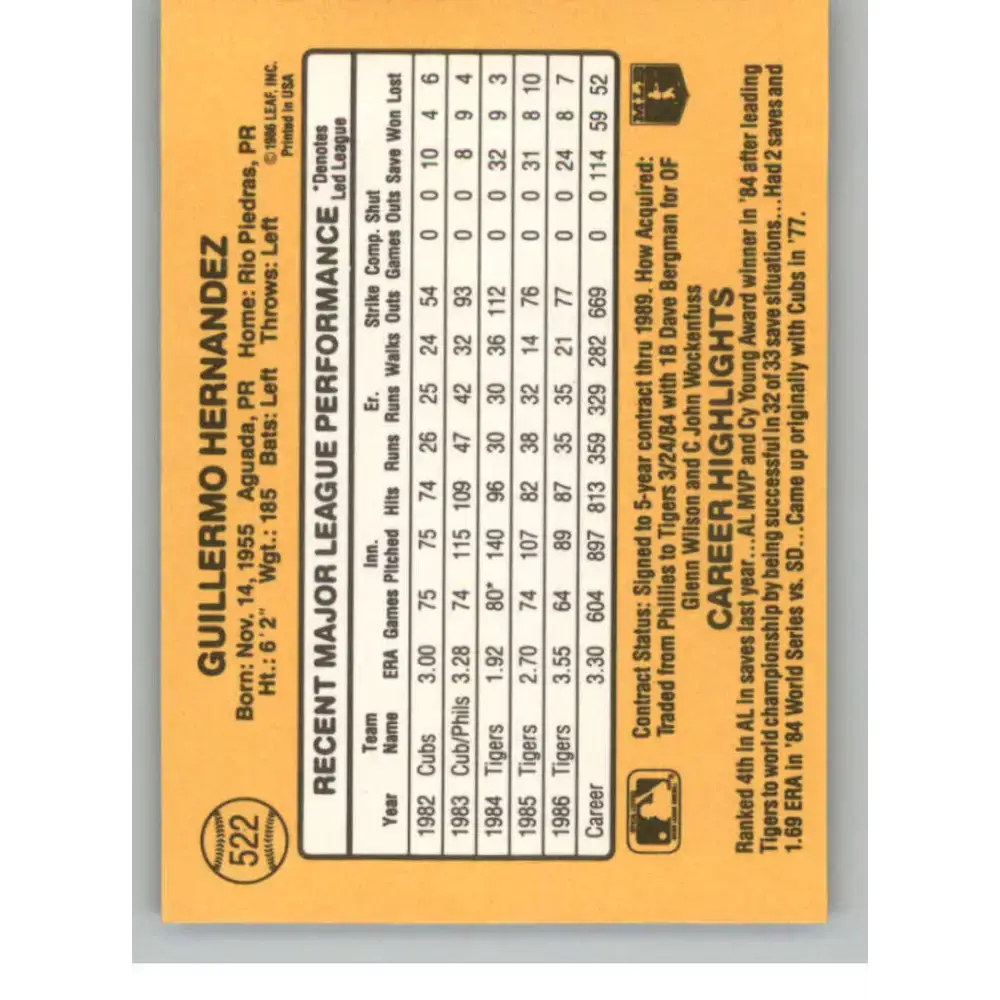 1987 Donruss #522 Willie Hernandez EX Excellent Detroit Tigers Baseball Card - Baseball Card Single