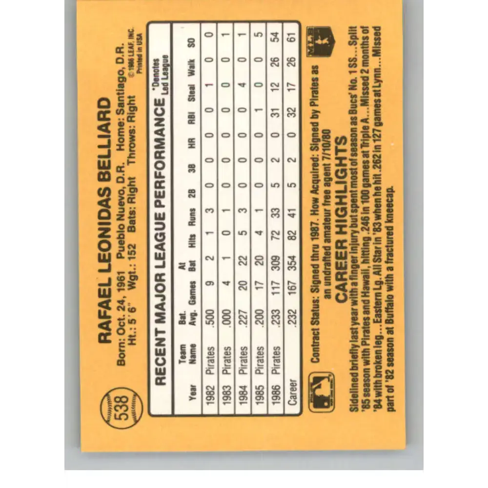 1987 Donruss #538 Rafael Belliard EX Excellent RC Rookie Pittsburgh Pirates Baseball Card - Baseball Card Single