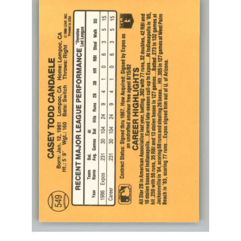1987 Donruss #549 Casey Candaele EX Excellent RC Rookie Montreal Expos Baseball Card - Baseball Card Single