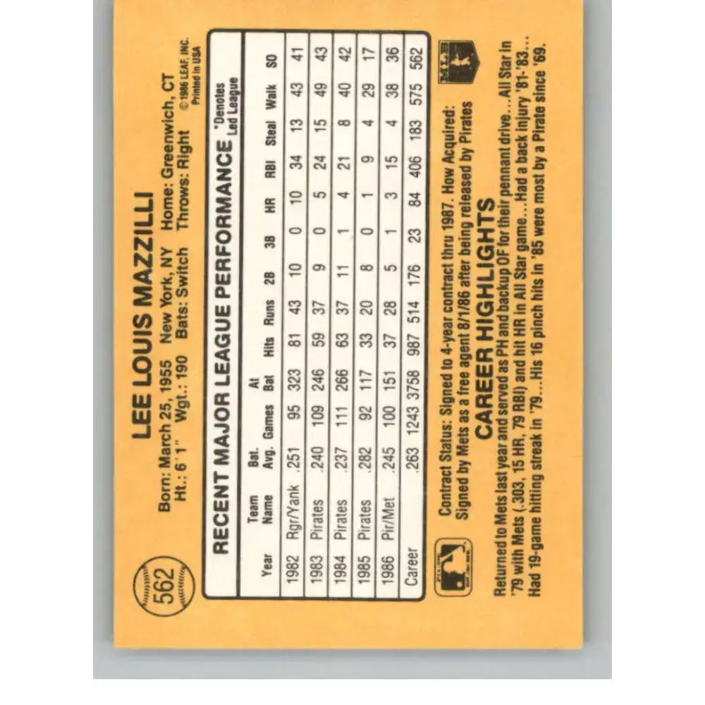 1987 Donruss #562 Lee Mazzilli EX Excellent New York Mets Baseball Card - Baseball Card Single