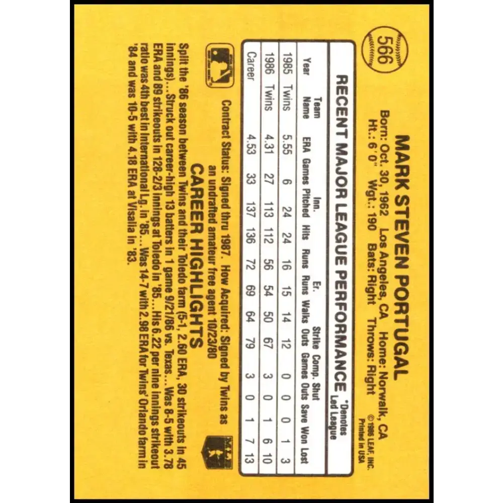 1987 Donruss #566 Mark Portugal EX Excellent RC Rookie Minnesota Twins Baseball Card - Baseball Card Single