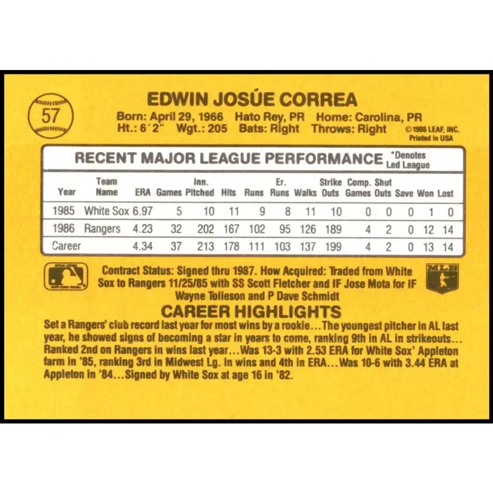 1987 Donruss #57 Ed Correa EX Excellent RC Rookie Texas Rangers Baseball Card - Baseball Card Single