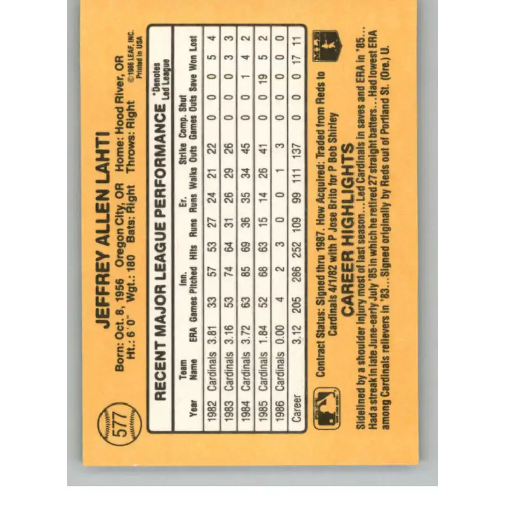 1987 Donruss #577 Jeff Lahti EX Excellent St. Louis Cardinals Baseball Card - Baseball Card Single