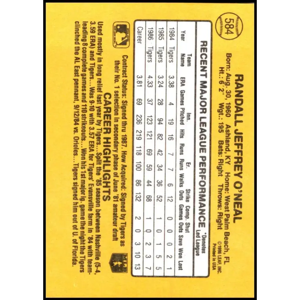 1987 Donruss #584 Randy O’Neal EX Excellent Detroit Tigers Baseball Card - Baseball Card Single