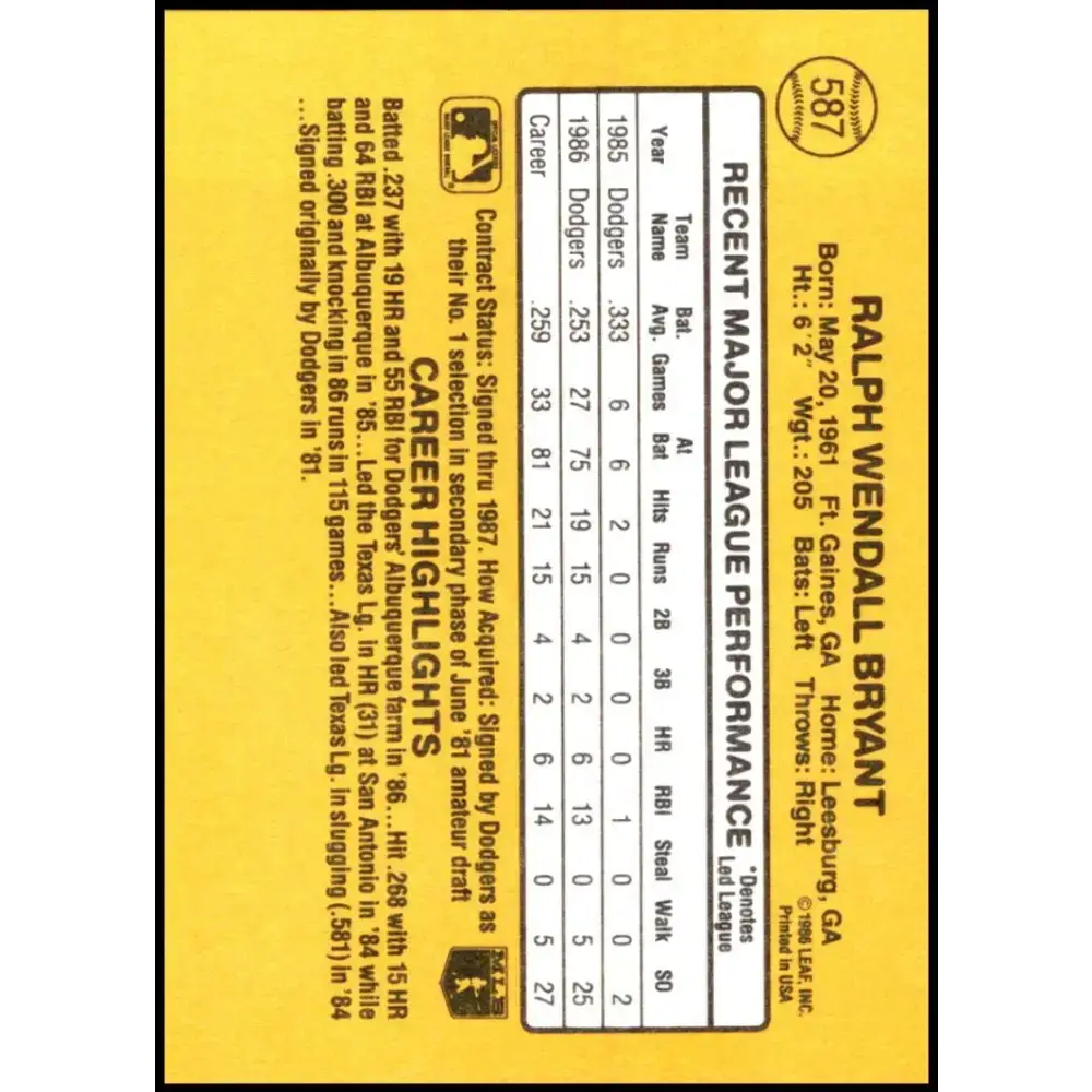 1987 Donruss #587 Ralph Bryant EX Excellent RC Rookie Los Angeles Dodgers Baseball Card - Baseball Card Single