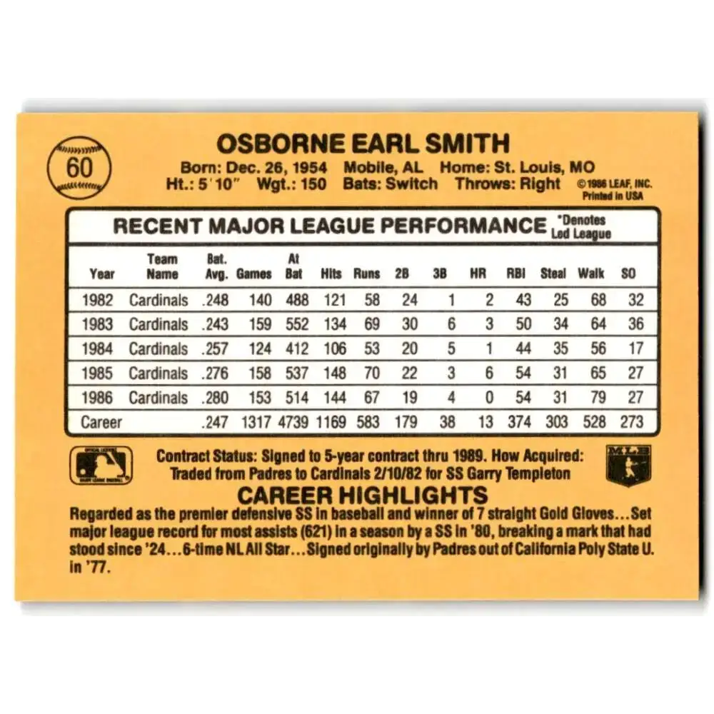 1987 Donruss #60 Ozzie Smith EX Excellent St. Louis Cardinals Baseball Card - Baseball Card Single