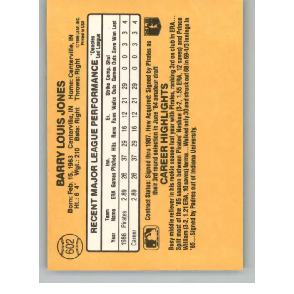 1987 Donruss #602 Barry Jones EX Excellent RC Rookie Pittsburgh Pirates Baseball Card - Baseball Card Single