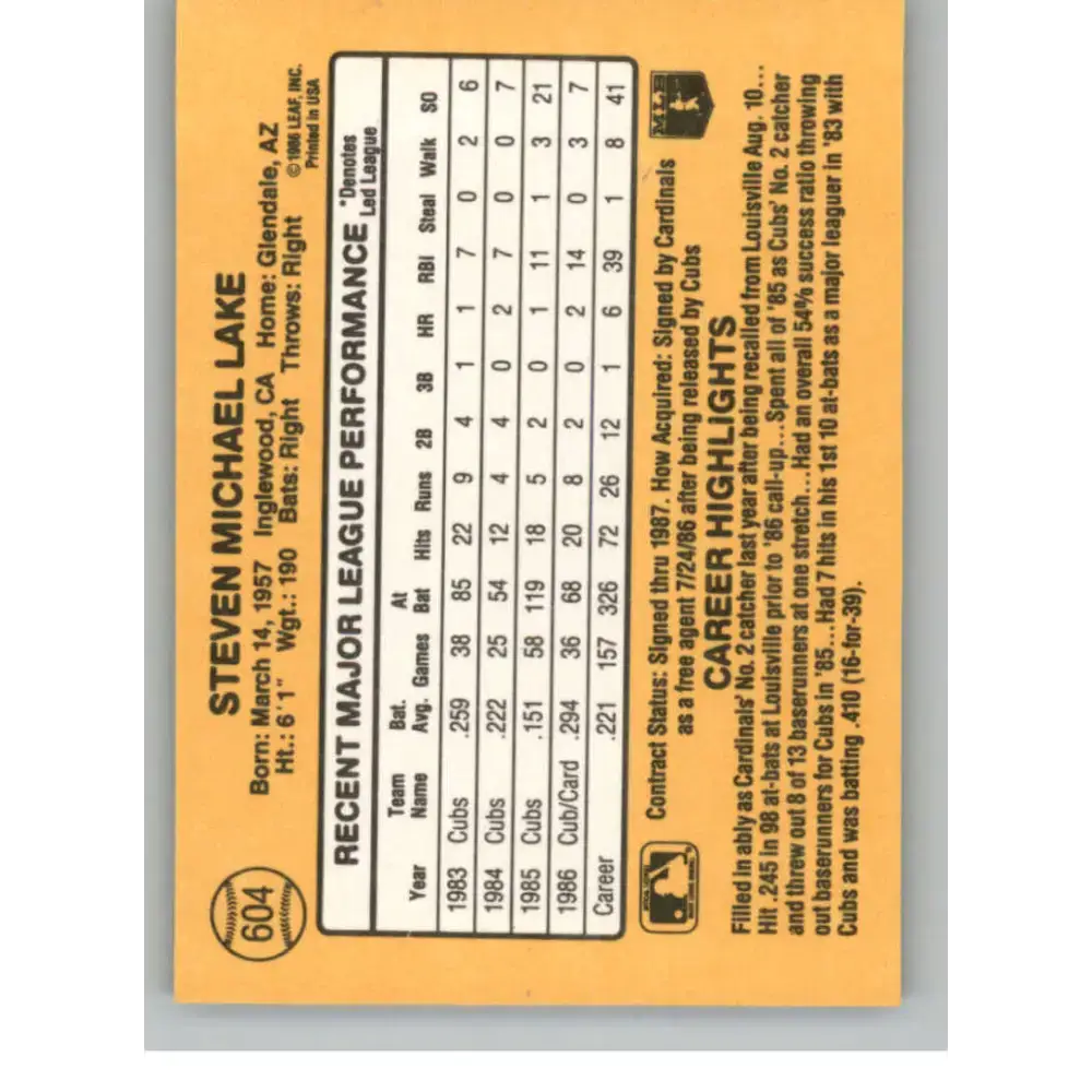 1987 Donruss #604 Steve Lake EX Excellent St. Louis Cardinals Baseball Card - Baseball Card Single