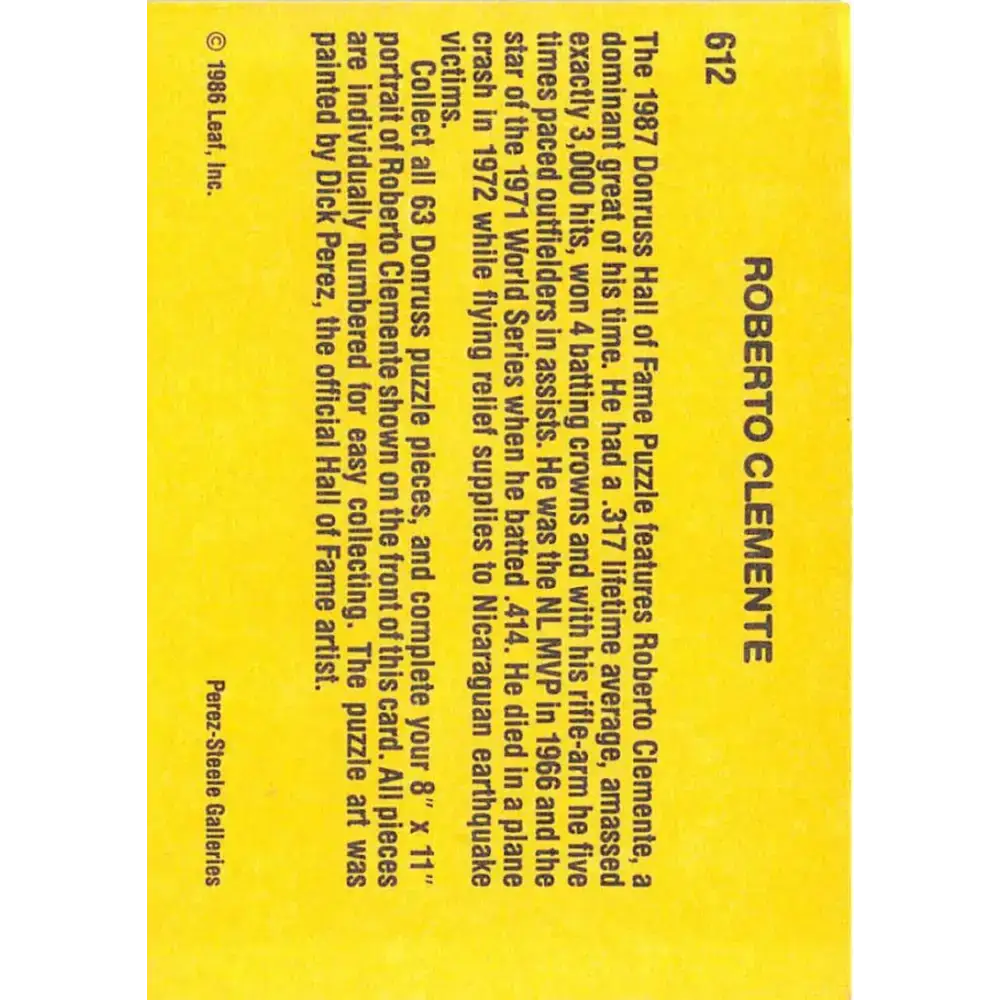 1987 Donruss #612 Roberto Clemente EX Excellent Pittsburgh Pirates Baseball Card - Baseball Card Single