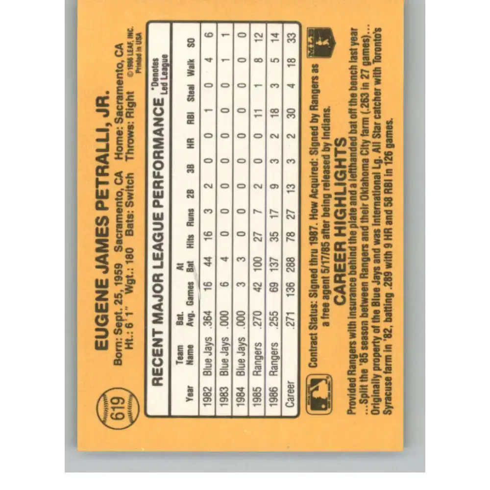 1987 Donruss #619 Geno Petralli EX Excellent Texas Rangers Baseball Card - Baseball Card Single