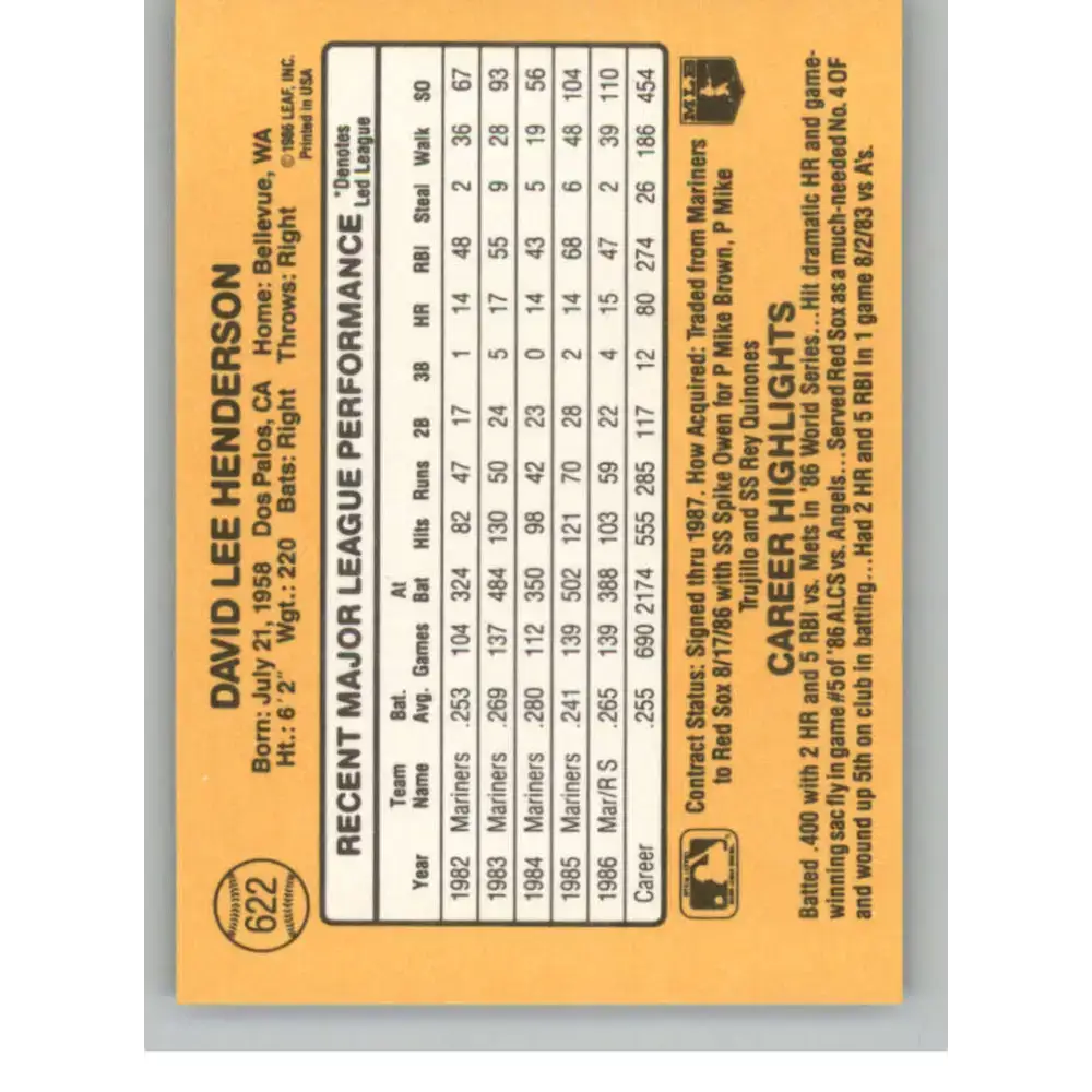 1987 Donruss #622 Dave Henderson EX Excellent Boston Red Sox Baseball Card - Baseball Card Single