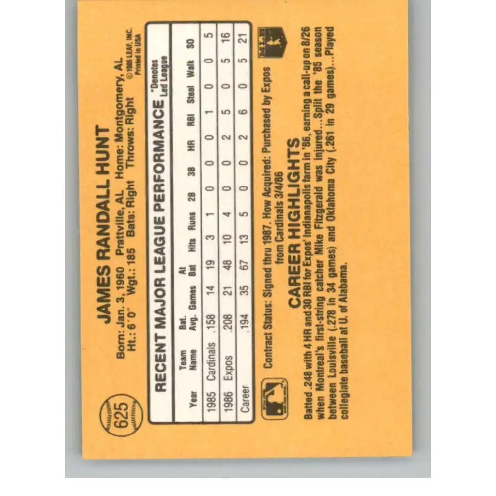 1987 Donruss #625 Randy Hunt EX Excellent Montreal Expos Baseball Card - Baseball Card Single