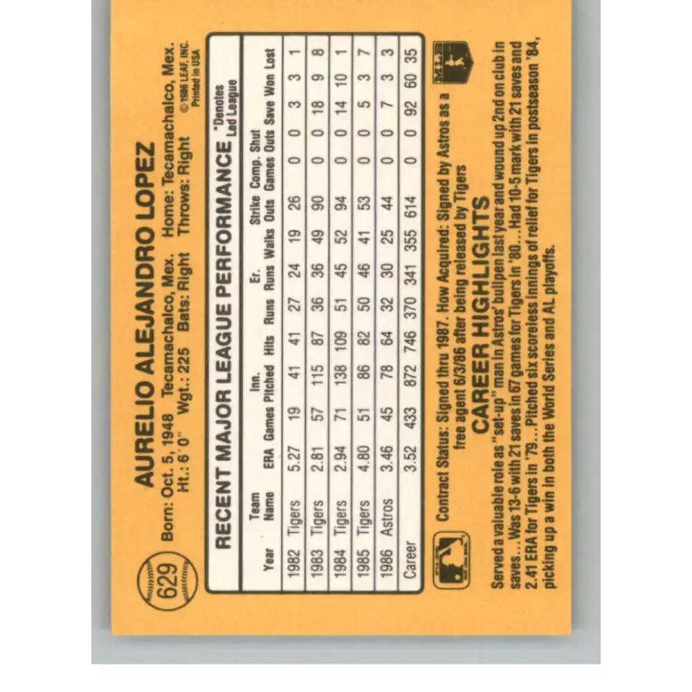 1987 Donruss #629 Aurelio Lopez EX Excellent Houston Astros Baseball Card - Baseball Card Single