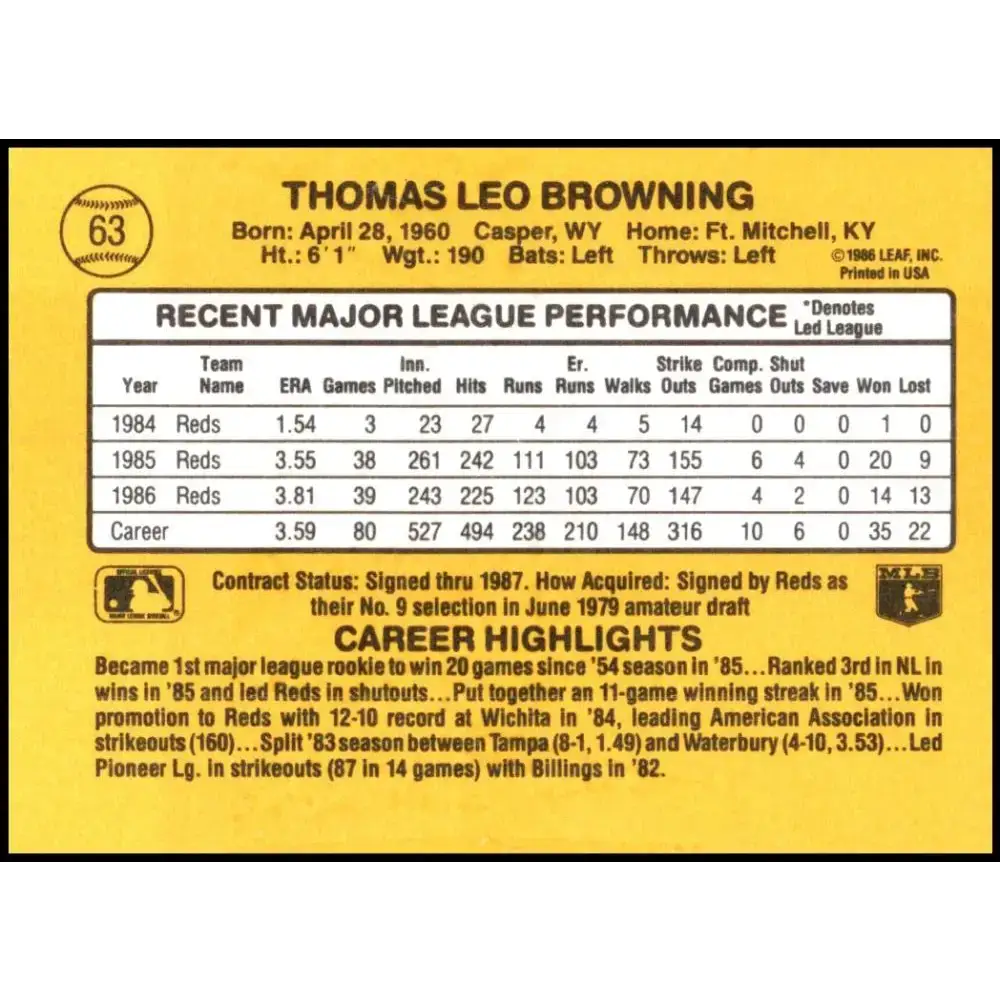 1987 Donruss #63 Tom Browning EX Excellent Cincinnati Reds Baseball Card - Baseball Card Single