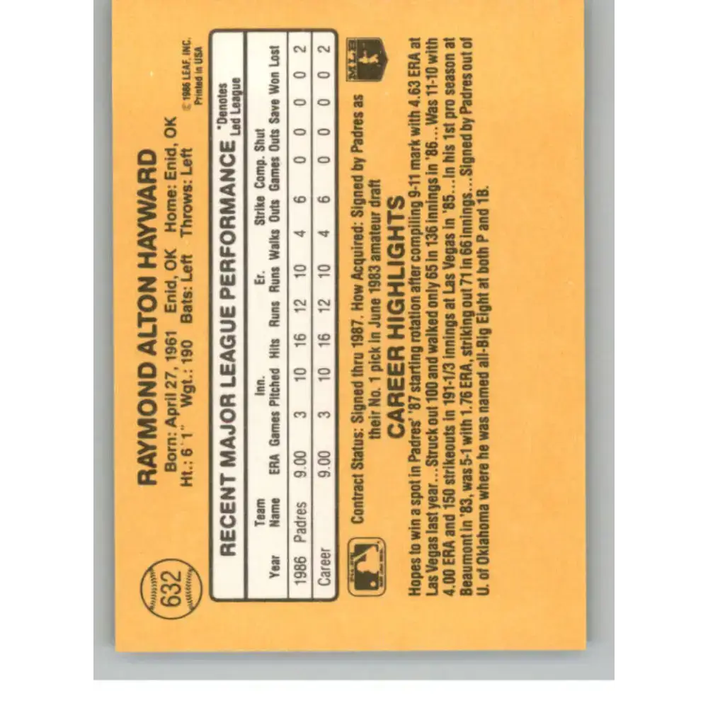 1987 Donruss #632 Ray Hayward EX Excellent RC Rookie San Diego Padres Baseball Card - Baseball Card Single