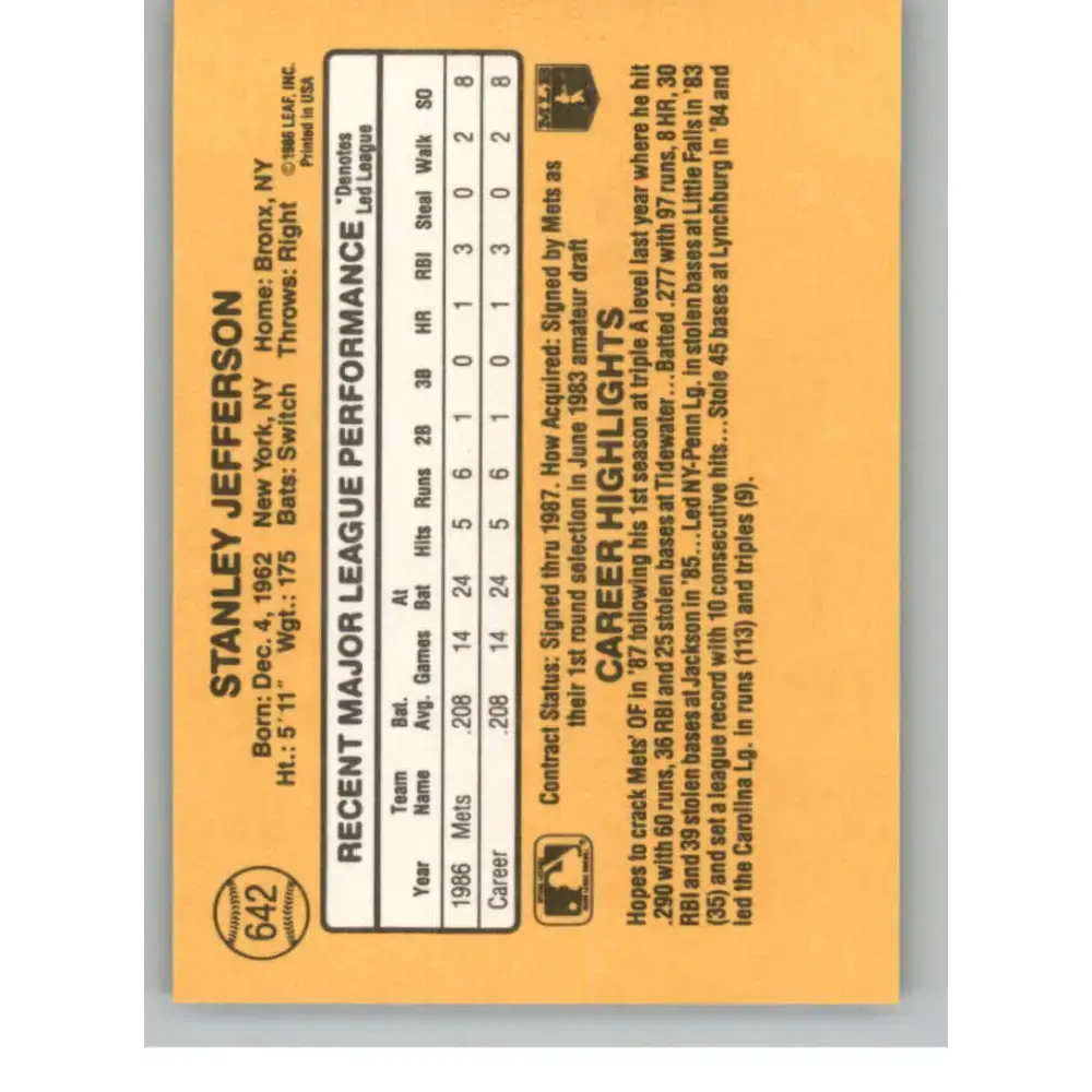 1987 Donruss #642 Stan Jefferson EX Excellent RC Rookie New York Mets Baseball Card - Baseball Card Single