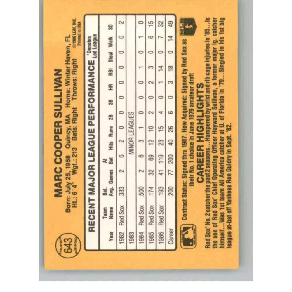 1987 Donruss #643 Marc Sullivan EX Excellent Boston Red Sox Baseball Card - Baseball Card Single