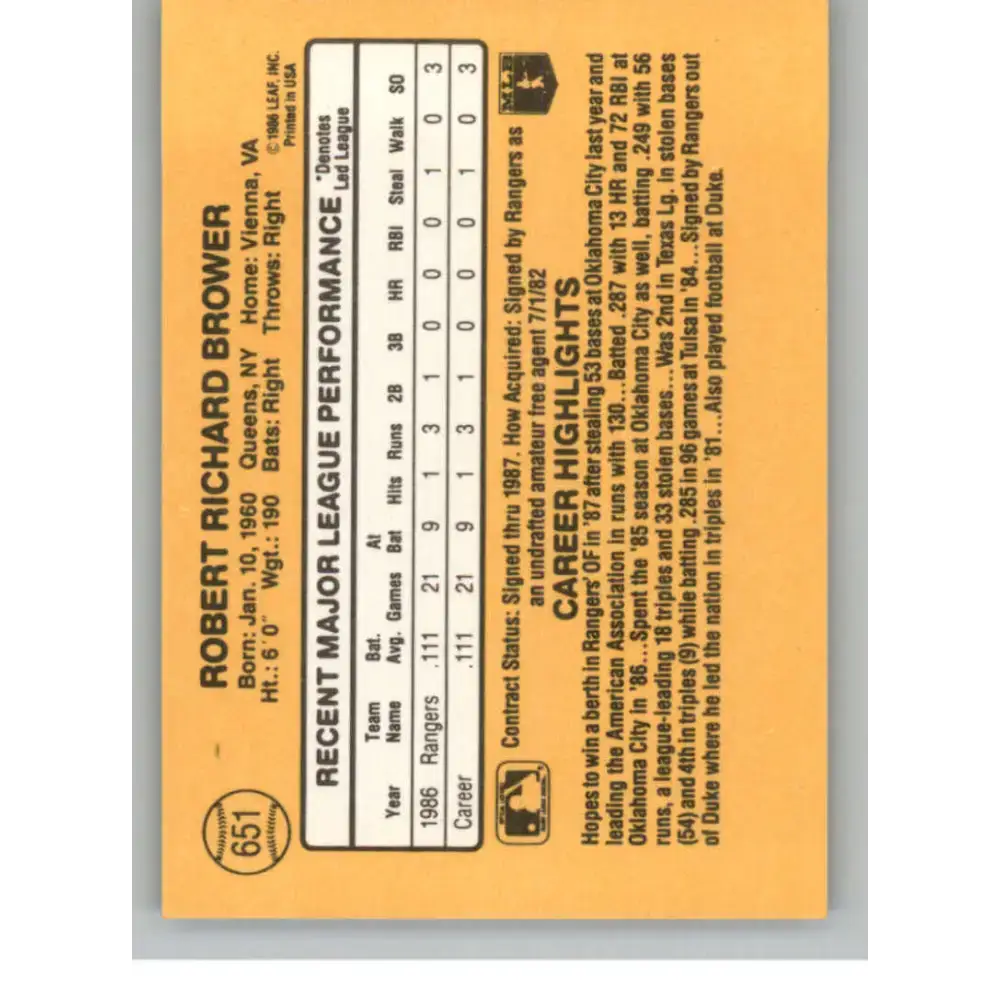 1987 Donruss #651 Bob Brower EX Excellent RC Rookie Texas Rangers Baseball Card - Baseball Card Single