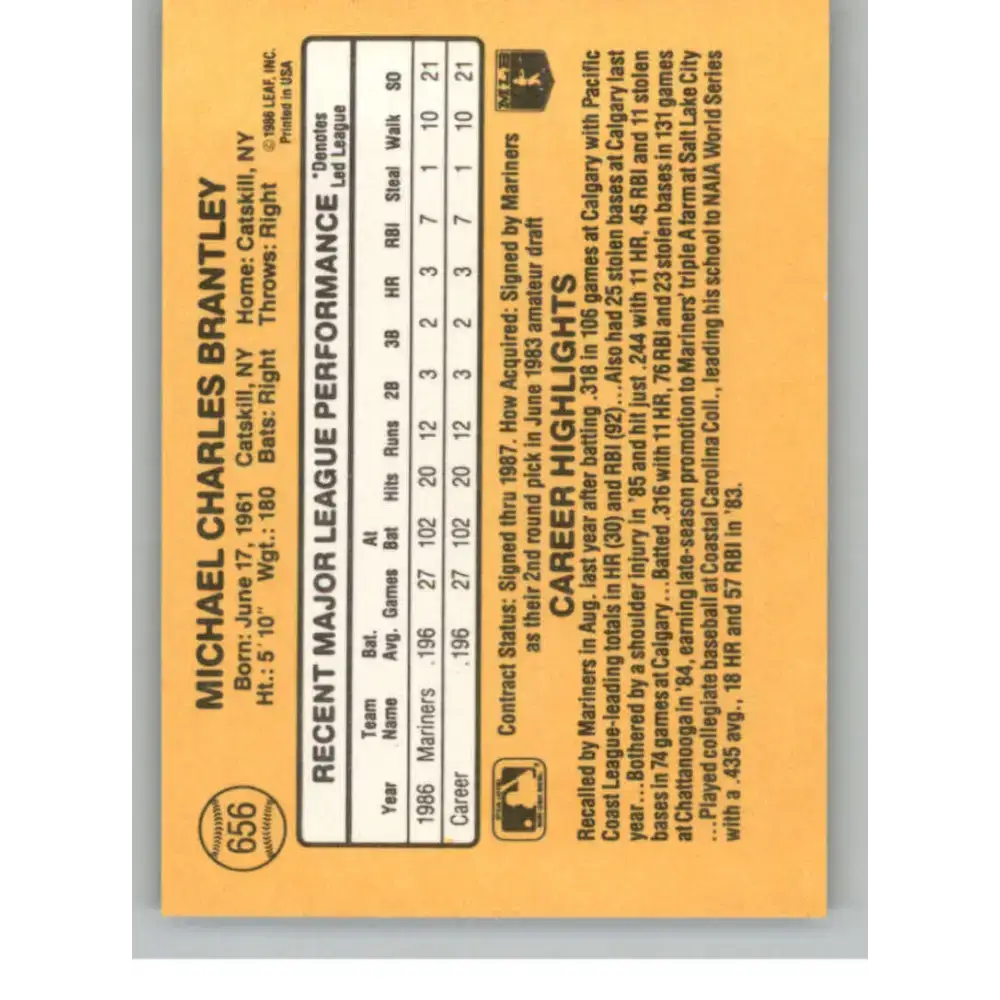 1987 Donruss #656 Mickey Brantley EX Excellent Seattle Mariners Baseball Card - Baseball Card Single