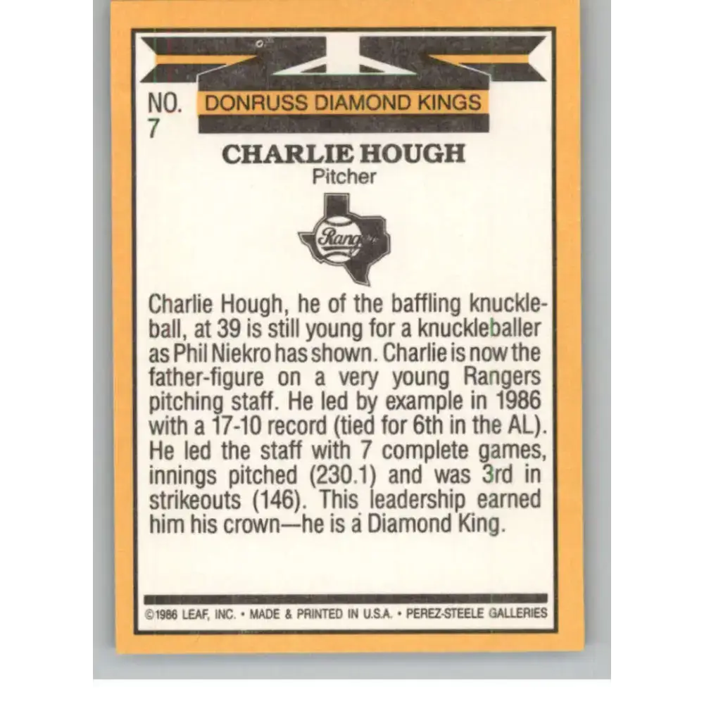 1987 Donruss #7 Charlie Hough EX Excellent Texas Rangers Baseball Card - Baseball Card Single