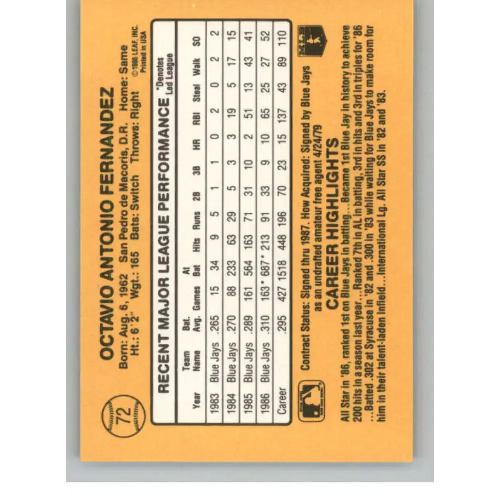 1987 Donruss #72 Tony Fernandez EX Excellent Toronto Blue Jays Baseball Card - Baseball Card Single