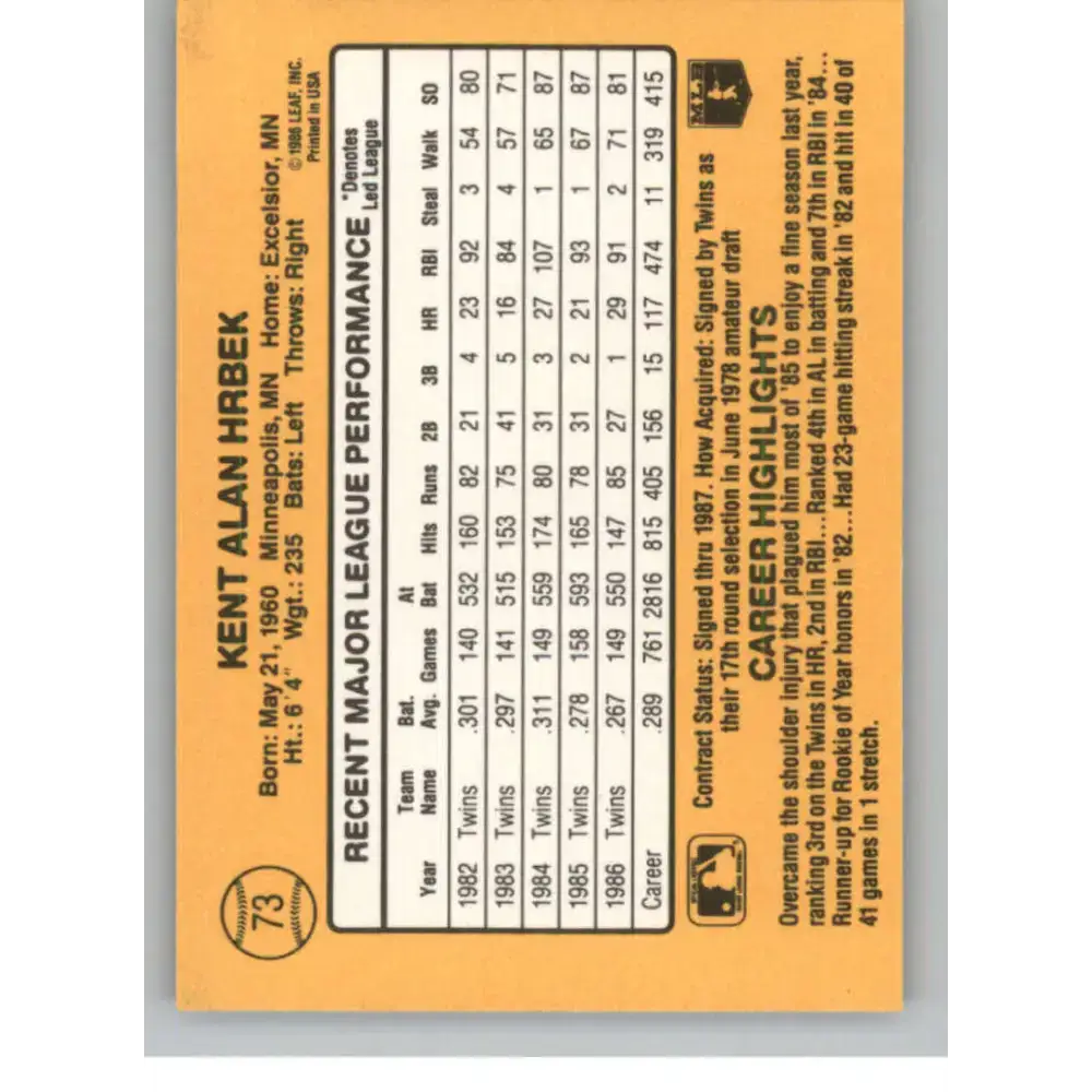 1987 Donruss #73 Kent Hrbek EX Excellent Minnesota Twins Baseball Card - Baseball Card Single