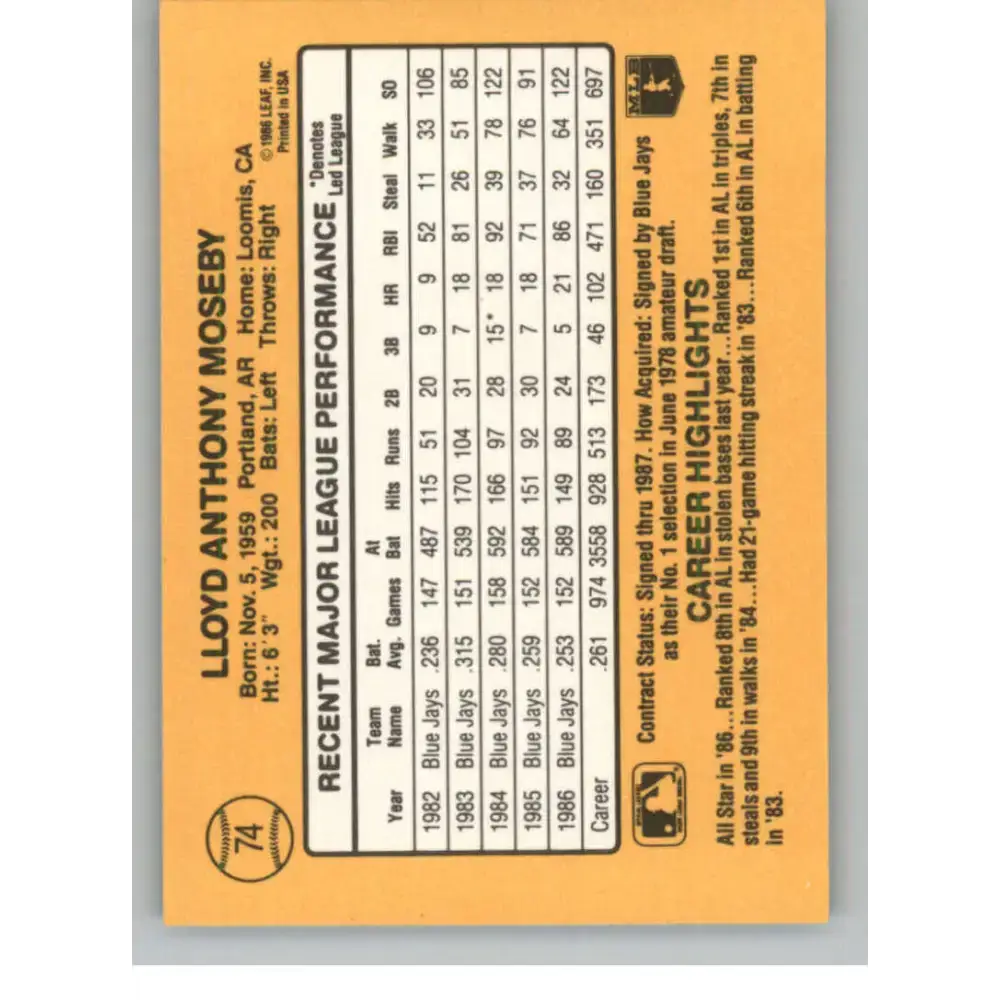 1987 Donruss #74 Lloyd Moseby EX Excellent Toronto Blue Jays Baseball Card - Baseball Card Single