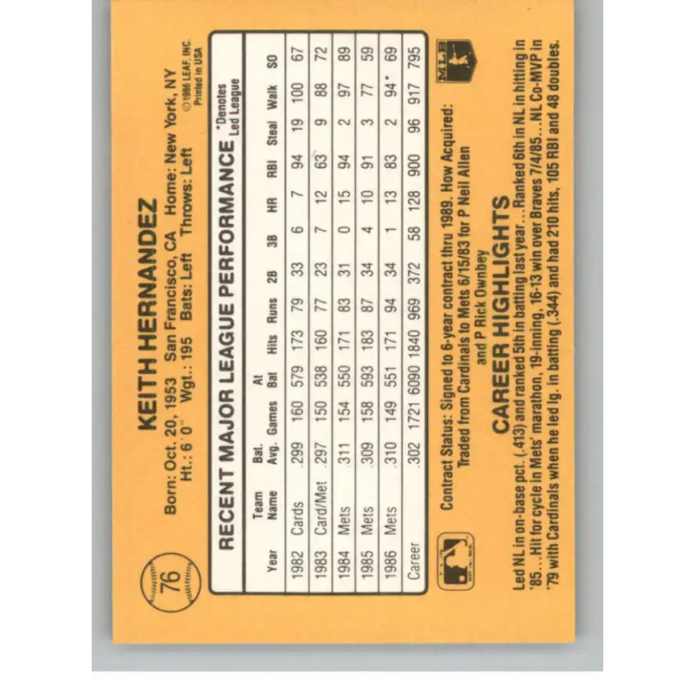 1987 Donruss #76 Keith Hernandez EX Excellent New York Mets Baseball Card - Baseball Card Single