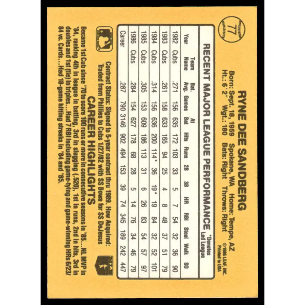 1987 Donruss #77 Ryne Sandberg EX Chicago Cubs Baseball Card - Baseball Card Single