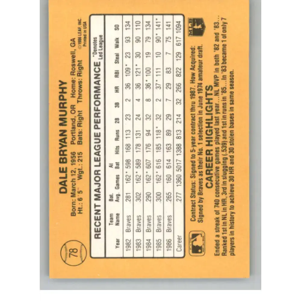 1987 Donruss #78 Dale Murphy EX Excellent Atlanta Braves Baseball Card - Baseball Card Single