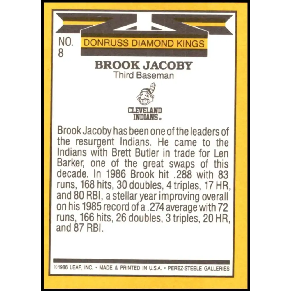1987 Donruss #8 Brook Jacoby EX Excellent Cleveland Indians Baseball Card - Baseball Card Single