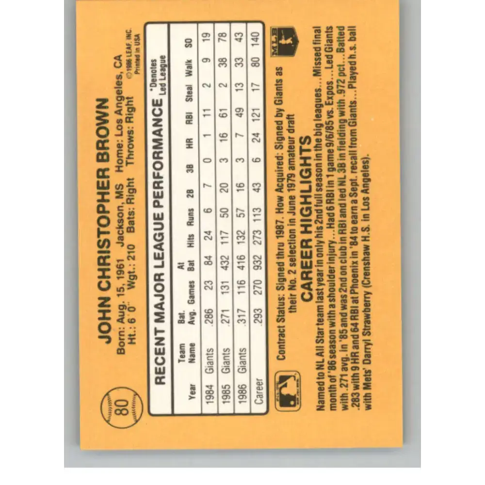 1987 Donruss #80 Chris Brown EX Excellent San Francisco Giants Baseball Card - Baseball Card Single