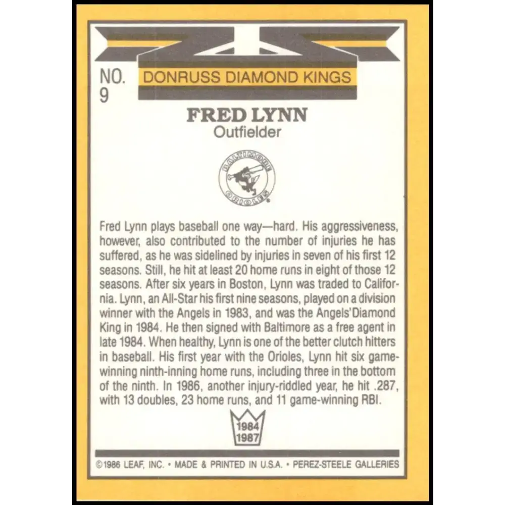 1987 Donruss #9 Fred Lynn EX Excellent Baltimore Orioles Baseball Card