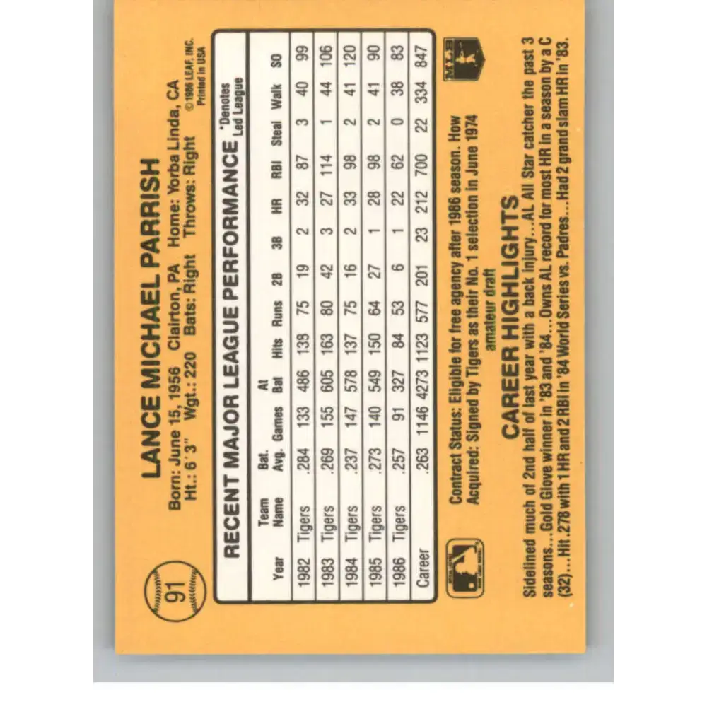 1987 Donruss #91 Lance Parrish EX Excellent Detroit Tigers Baseball Card - Baseball Card Single
