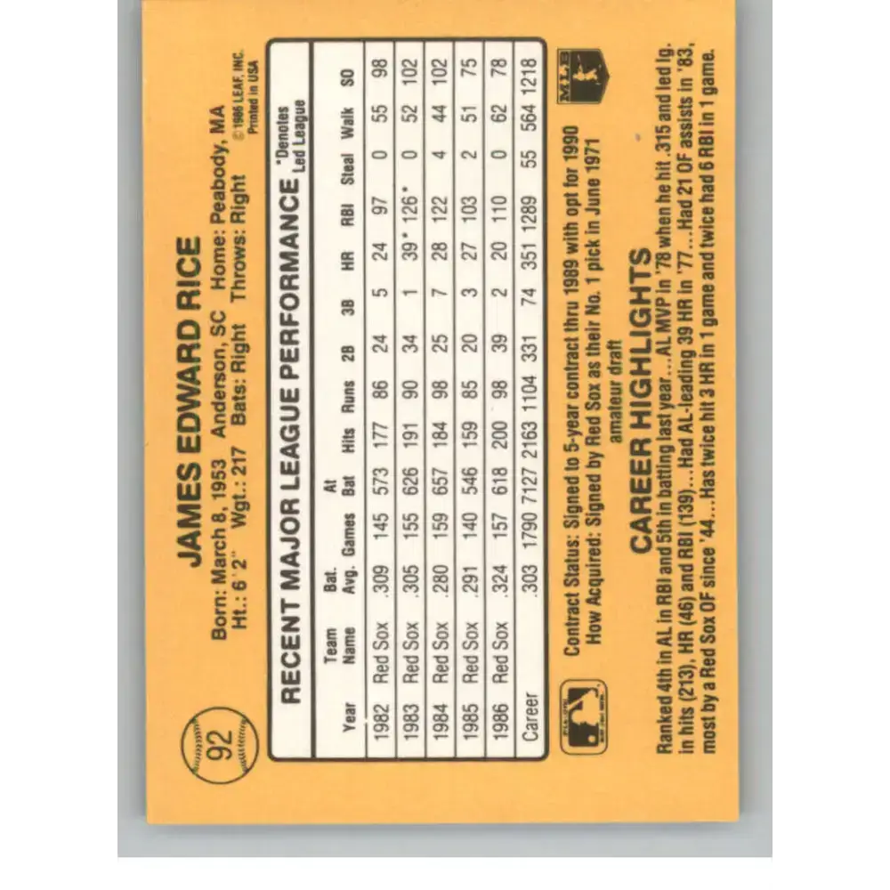 1987 Donruss #92 Jim Rice EX Excellent Boston Red Sox Baseball Card - Baseball Card Single