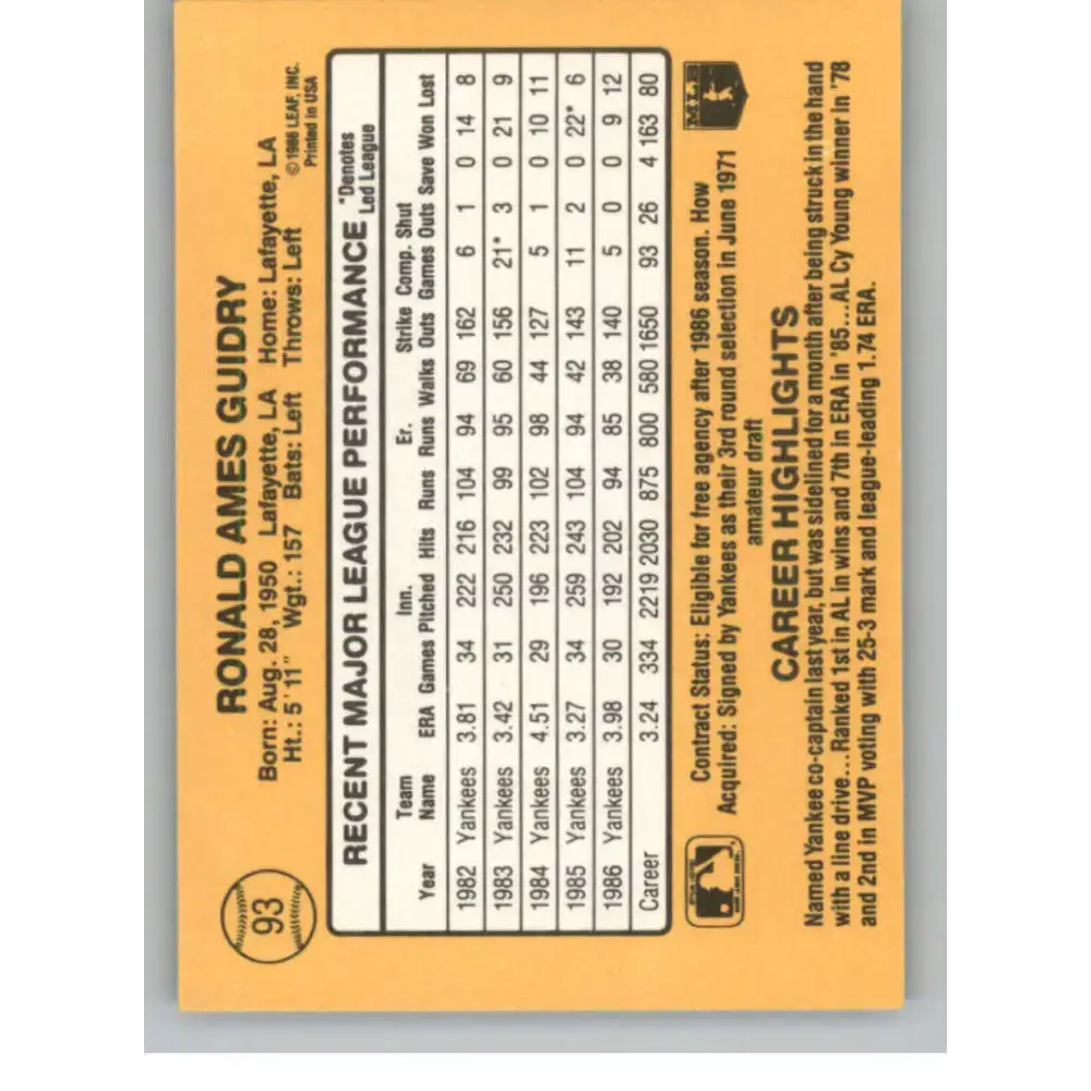1987 Donruss #93 Ron Guidry EX Excellent New York Yankees Baseball Card - Baseball Card Single