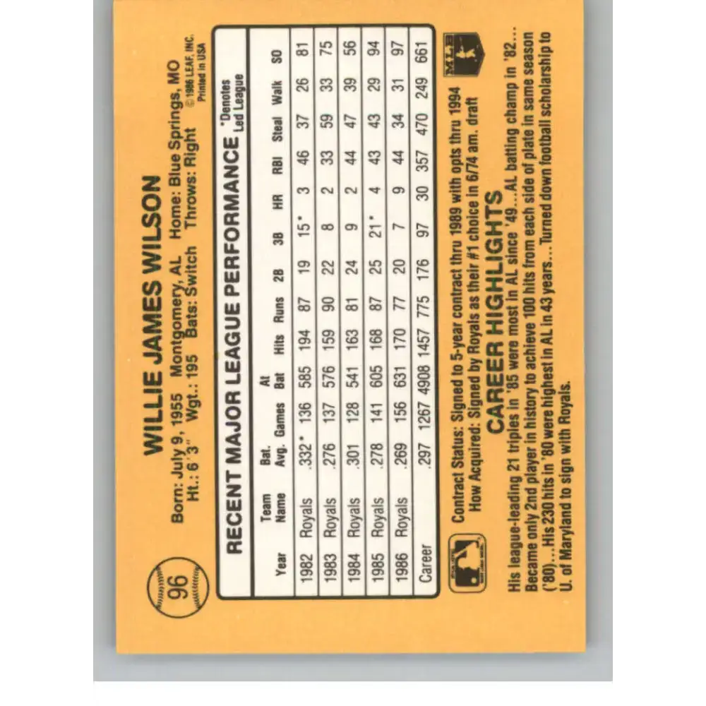 1987 Donruss #96 Willie Wilson EX Excellent Kansas City Royals Baseball Card - Baseball Card Single
