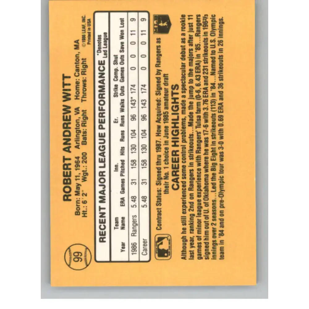 1987 Donruss #99 Bobby Witt EX Excellent RC Rookie Texas Rangers Baseball Card - Baseball Card Single