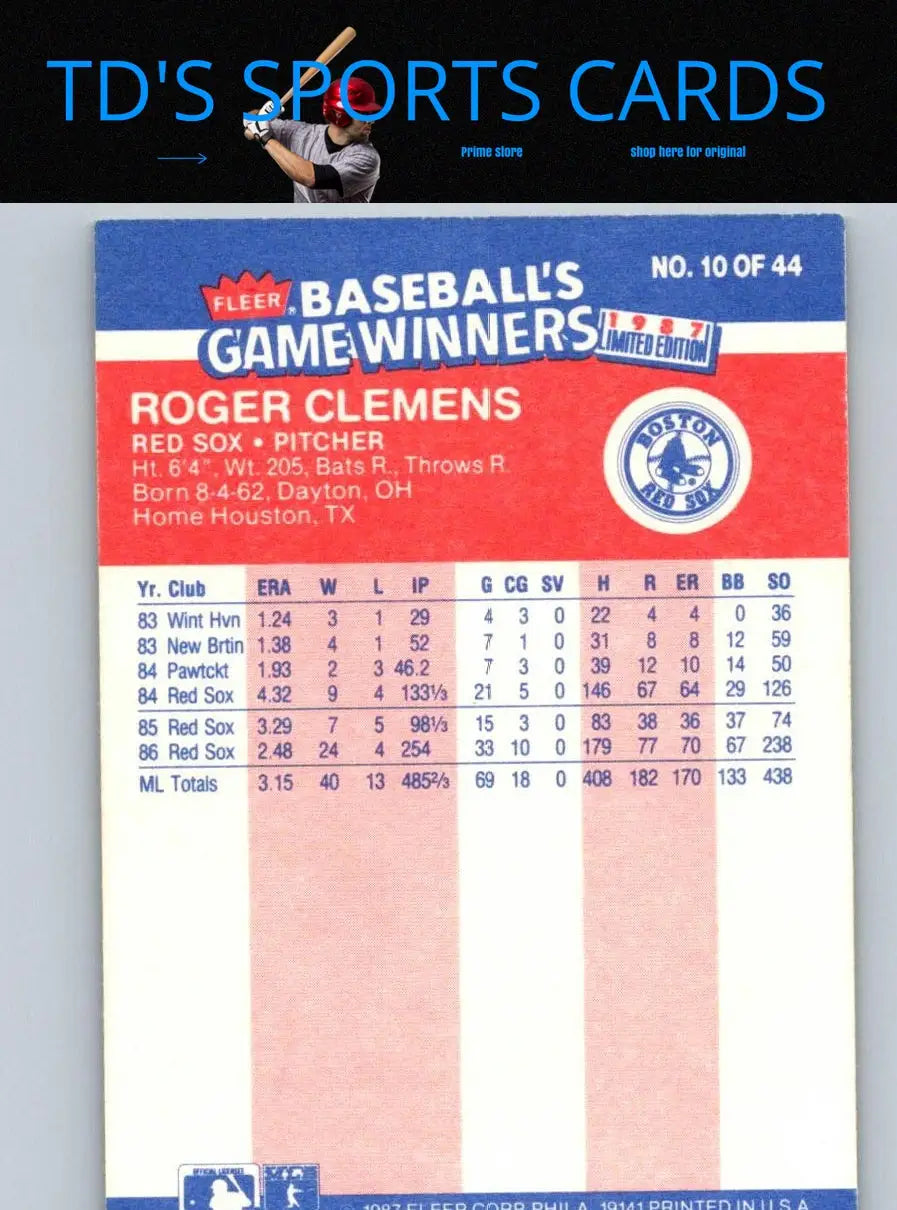 Roger Clemens 1987 Fleer Baseball’s Game Winners card, collectible baseball card