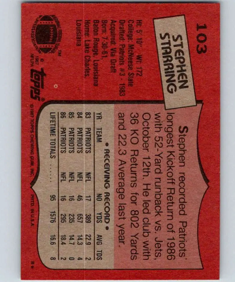 1987 Topps #103 Stephen Starring EX Excellent New England Patriots Football Card - Football Card Single