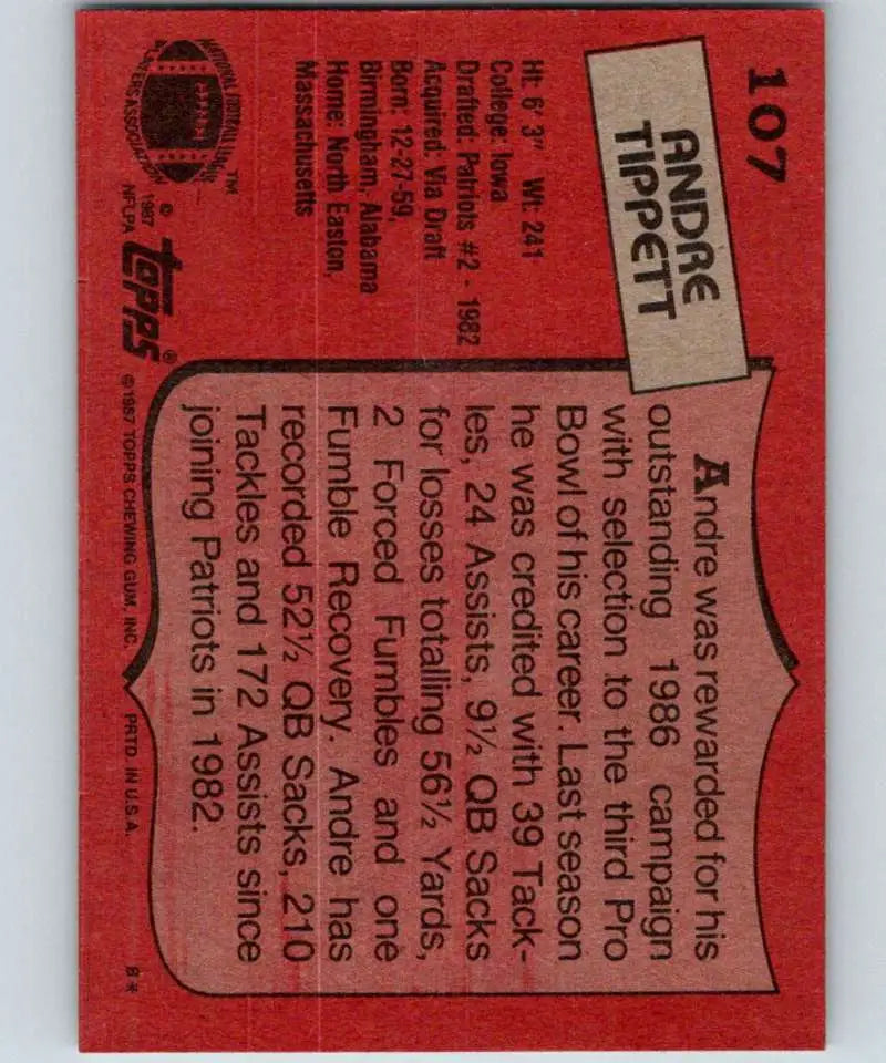 1987 Topps #107 Andre Tippett EX Excellent New England Patriots Football Card - Football Card Single