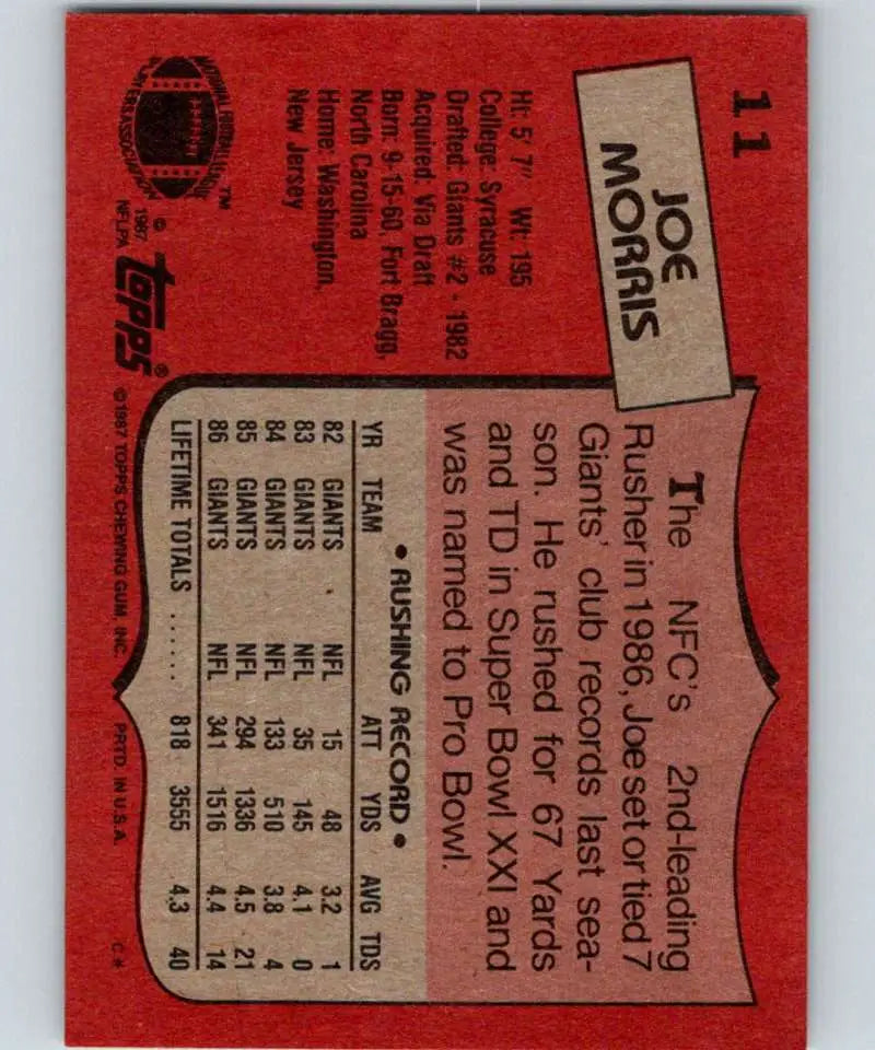 1987 Topps #11 Joe Morris EX Excellent New York Giants Football Card - Football Card Single
