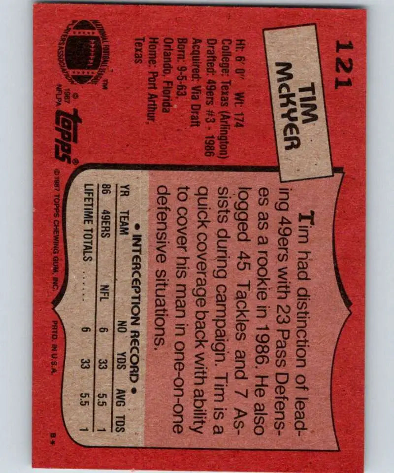 1987 Topps #121 Tim McKyer EX Excellent RC Rookie San Francisco 49ers Football Card - Football Card Single