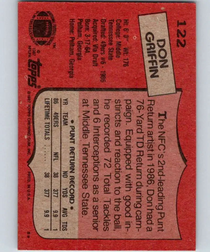 1987 Topps #122 Don Griffin EX Excellent RC Rookie San Francisco 49ers Football Card - Football Card Single