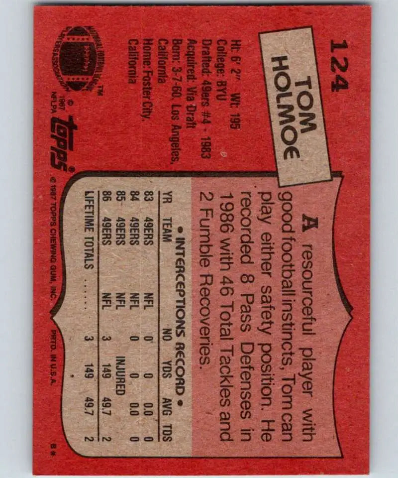 1987 Topps #124 Tom Holmoe EX Excellent San Francisco 49ers Football Card - Football Card Single
