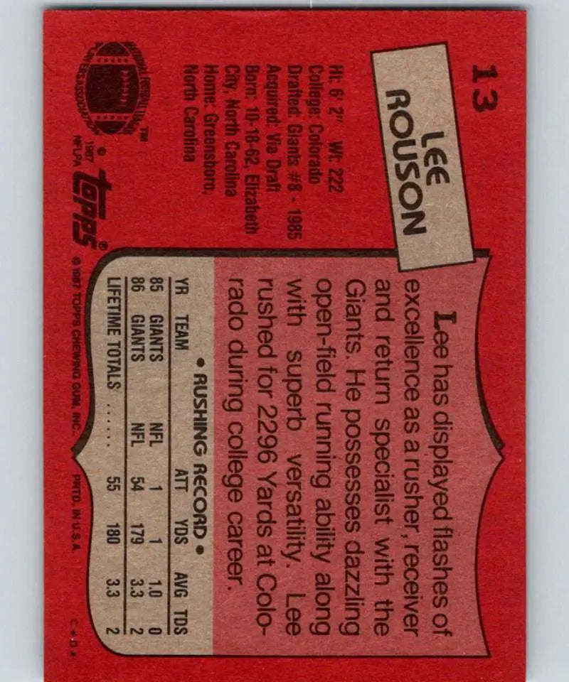 1987 Topps #13 Lee Rouson EX Excellent New York Giants Football Card - Football Card Single