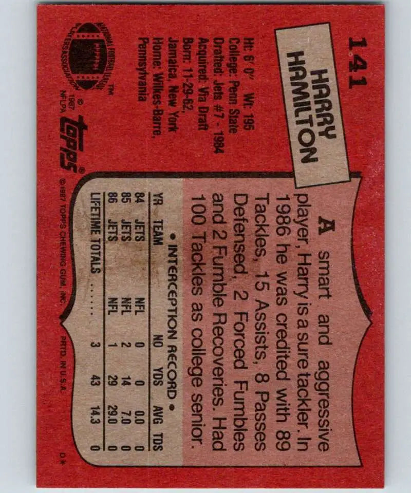 1987 Topps #141 Harry Hamilton EX Excellent RC Rookie New York Jets Football Card - Football Card Single