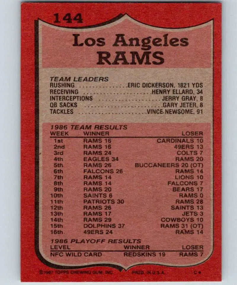 1987 Topps #144 Eric Dickerson EX Excellent Los Angeles Rams Football Card - Football Card Single